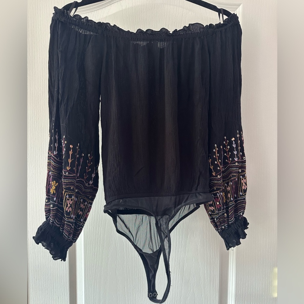 Free People Off-Shoulder Bodysuit with Embroidered Sleeves